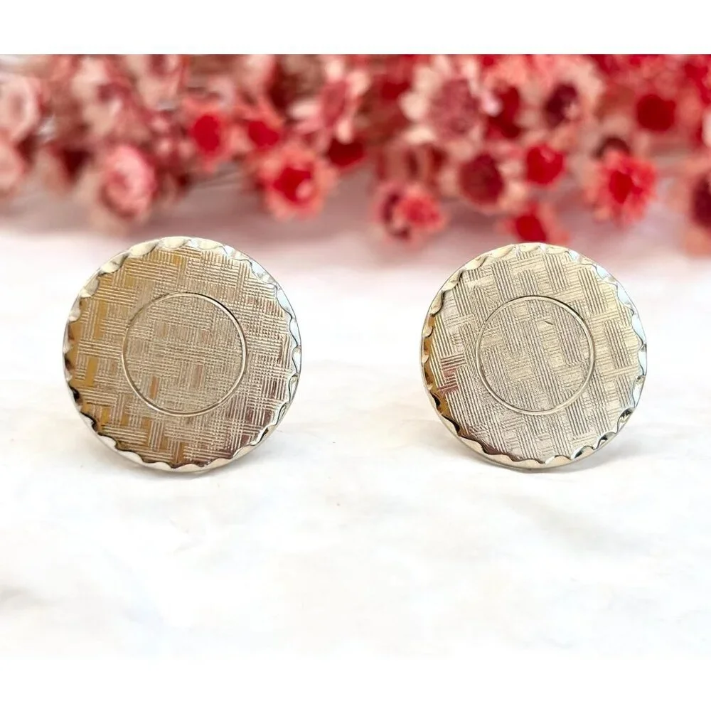 Textured 80's Style Retro Gold Toned Round Vintage Cuff Links